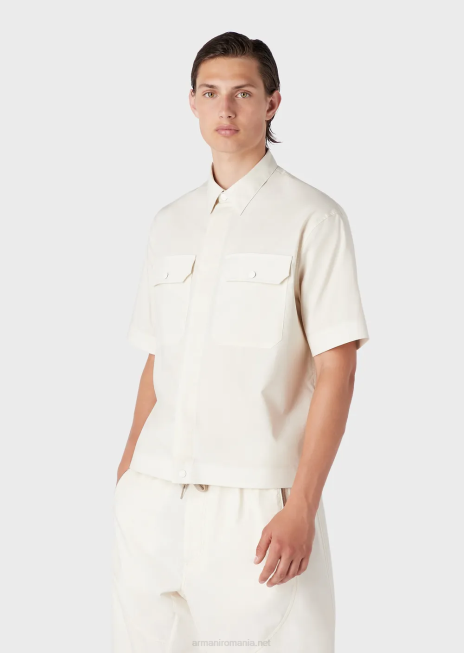 bărbați R802G1059 cămașă cu mâneci scurte din popelin pima cu buzunare Armani bej