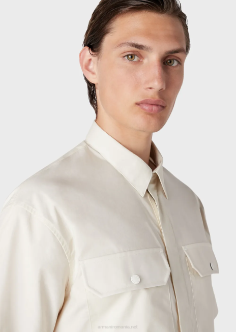 bărbați R802G1059 cămașă cu mâneci scurte din popelin pima cu buzunare Armani bej