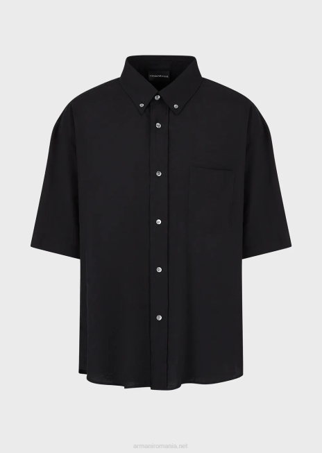 bărbați R802G1060 cămașă cu mânecă scurtă, cu nasturi, din piele de piersică modal Armani negru