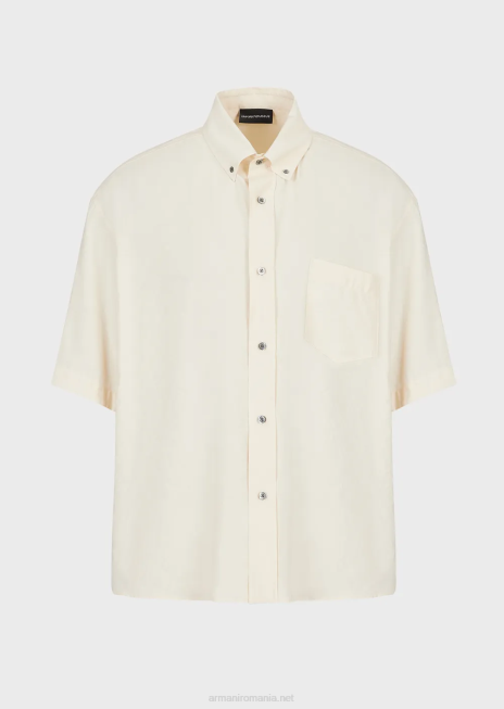 bărbați R802G1061 cămașă cu mânecă scurtă, cu nasturi, din piele de piersică modal Armani alb