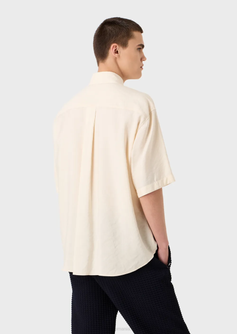 bărbați R802G1061 cămașă cu mânecă scurtă, cu nasturi, din piele de piersică modal Armani alb