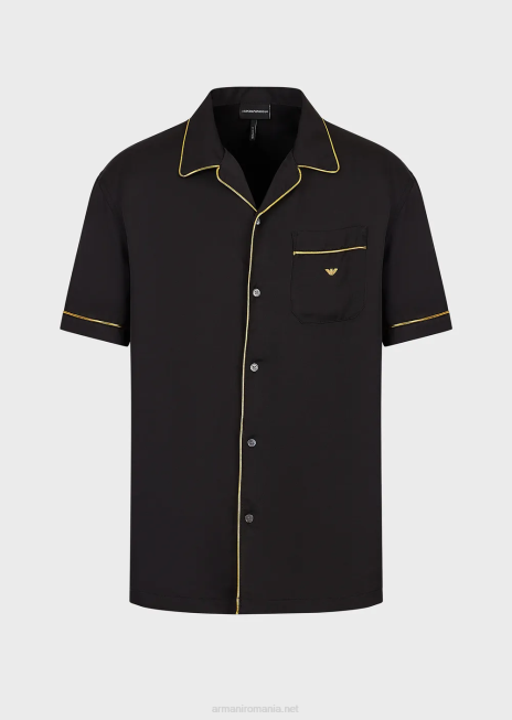 bărbați R802G1063 cămașă din viscoză cu revere și detalii aurii Armani negru