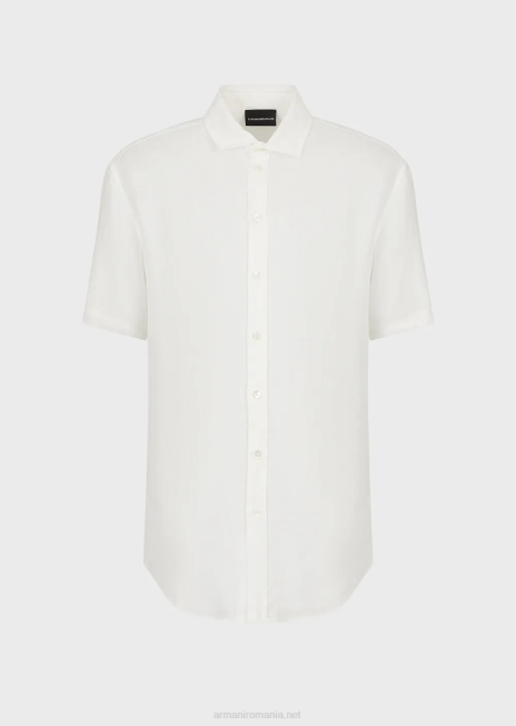 bărbați R802G1064 cămașă cu mâneci scurte din in vopsit în haină, cu guler francez Armani alb