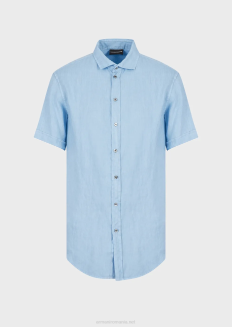 bărbați R802G1065 cămașă cu mâneci scurte din in vopsit în haină, cu guler francez Armani azur