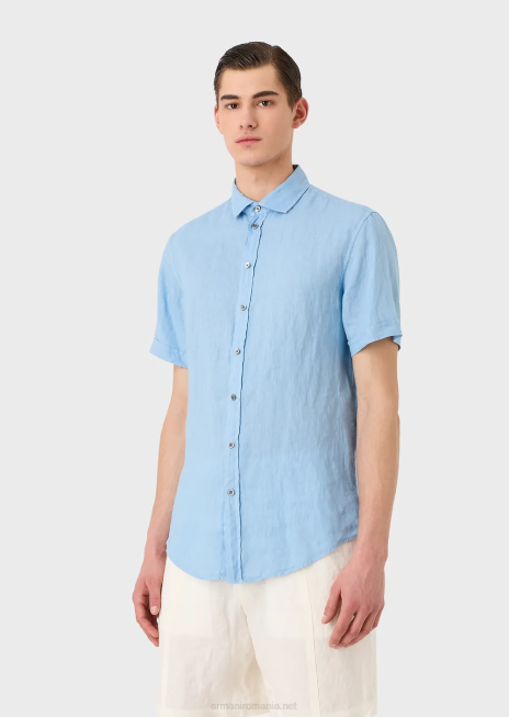 bărbați R802G1065 cămașă cu mâneci scurte din in vopsit în haină, cu guler francez Armani azur