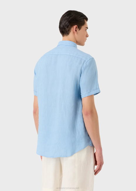 bărbați R802G1065 cămașă cu mâneci scurte din in vopsit în haină, cu guler francez Armani azur