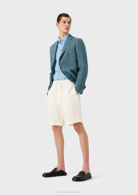 bărbați R802G1065 cămașă cu mâneci scurte din in vopsit în haină, cu guler francez Armani azur