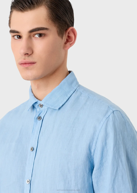bărbați R802G1065 cămașă cu mâneci scurte din in vopsit în haină, cu guler francez Armani azur