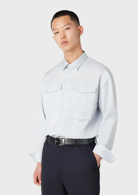 bărbați R802G1073 cămașă ușoară din satin din amestec de lyocell, cu buzunare Armani azur