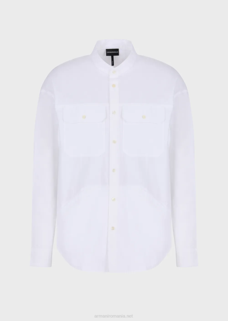 bărbați R802G1074 cămașă cu guler guru din popelin pima cu buzunare Armani alb