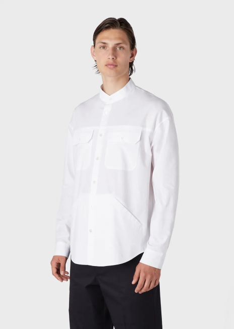 bărbați R802G1074 cămașă cu guler guru din popelin pima cu buzunare Armani alb