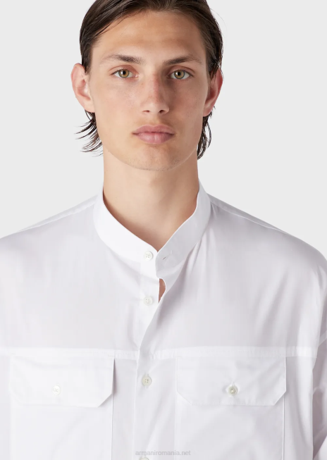 bărbați R802G1074 cămașă cu guler guru din popelin pima cu buzunare Armani alb
