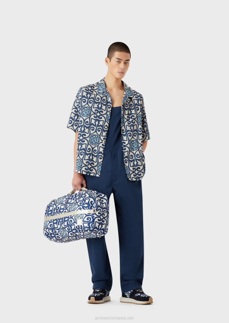 bărbați R802G1076 cămașă cu mânecă scurtă din muselină organică din colecția sustenabilă, cu imprimeu peste tot Armani model