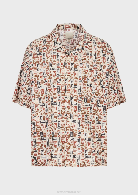 bărbați R802G1077 cămașă cu mânecă scurtă din muselină organică din colecția sustenabilă, cu imprimeu peste tot Armani bej