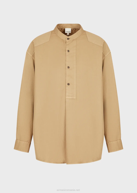 bărbați R802G1078 colecție durabilă cămașă din muselină organică vopsită în haine, cu guler guru Armani maro