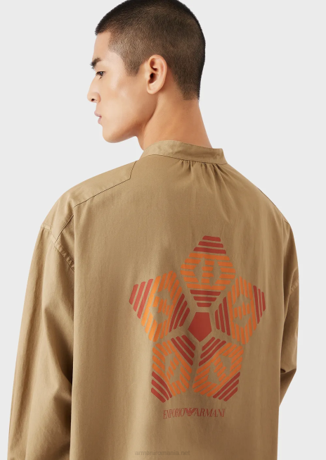 bărbați R802G1078 colecție durabilă cămașă din muselină organică vopsită în haine, cu guler guru Armani maro