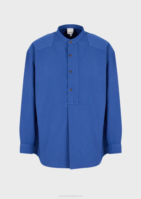 bărbați R802G1079 colecție durabilă cămașă din muselină organică vopsită în haine, cu guler guru Armani albastru