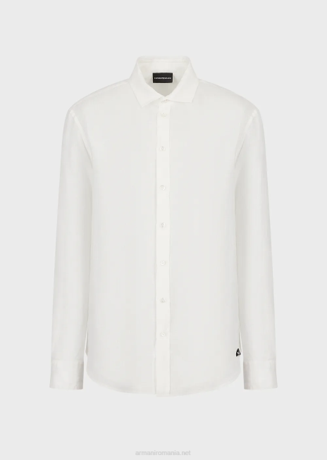 bărbați R802G1081 cămașă din in vopsită în haine cu guler francez Armani alb