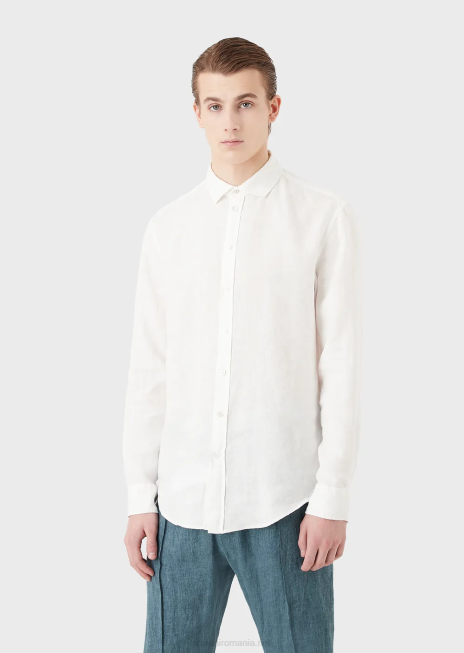 bărbați R802G1081 cămașă din in vopsită în haine cu guler francez Armani alb