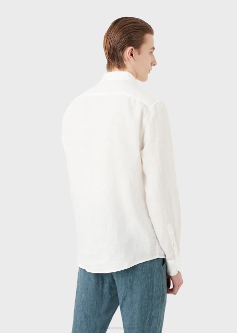 bărbați R802G1081 cămașă din in vopsită în haine cu guler francez Armani alb