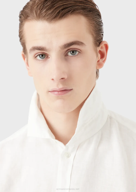 bărbați R802G1081 cămașă din in vopsită în haine cu guler francez Armani alb