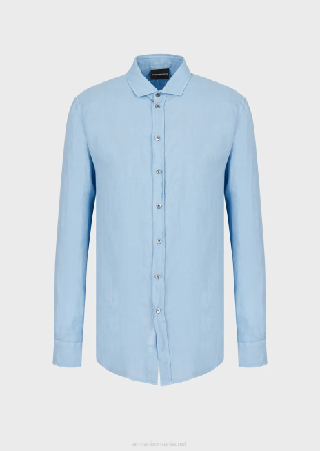 bărbați R802G1082 cămașă din in vopsită în haine cu guler francez Armani azur