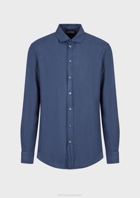 bărbați R802G1083 cămașă din in vopsită în haine cu guler francez Armani albastru
