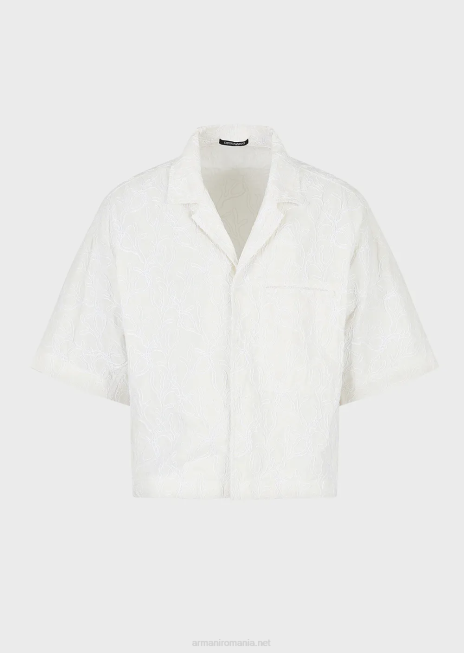 bărbați R802G1084 bluză cu mâneci scurte din nailon ripstop brodat cu rafie Armani alb