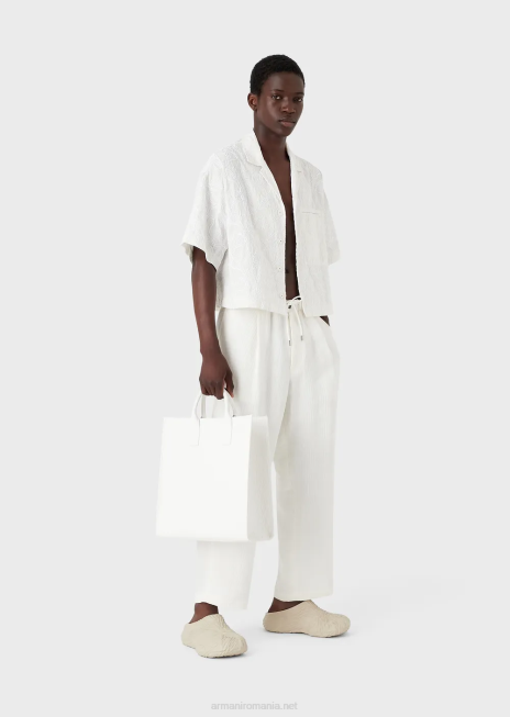 bărbați R802G1084 bluză cu mâneci scurte din nailon ripstop brodat cu rafie Armani alb