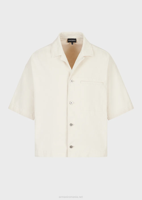 bărbați R802G1085 bluză din denim cu mâneci scurte, cu broderie l'amour Armani alb ca laptele