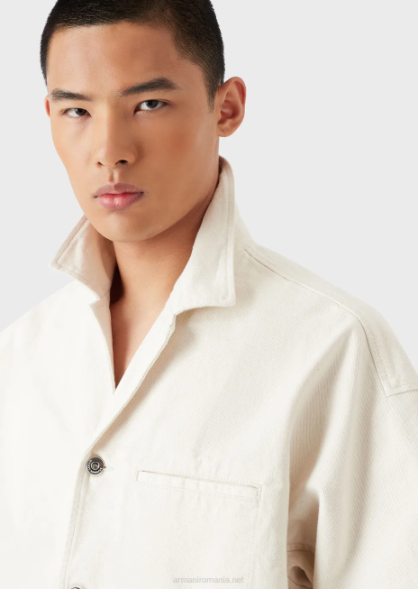 bărbați R802G1085 bluză din denim cu mâneci scurte, cu broderie l\'amour Armani alb ca laptele