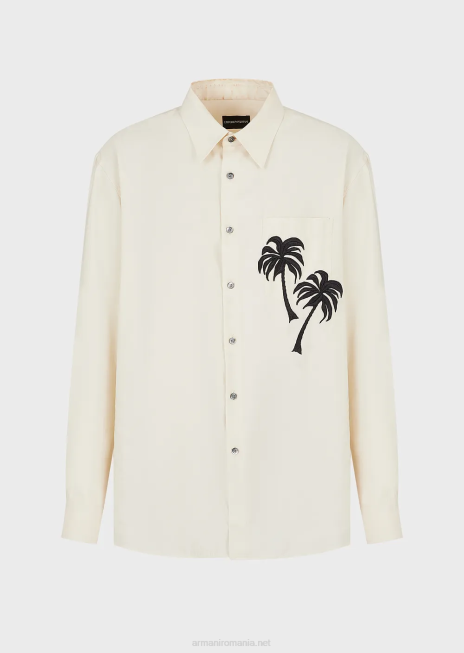 bărbați R802G1088 cămașă din modal cu finisaj neted, cu plasture de palmier Armani alb