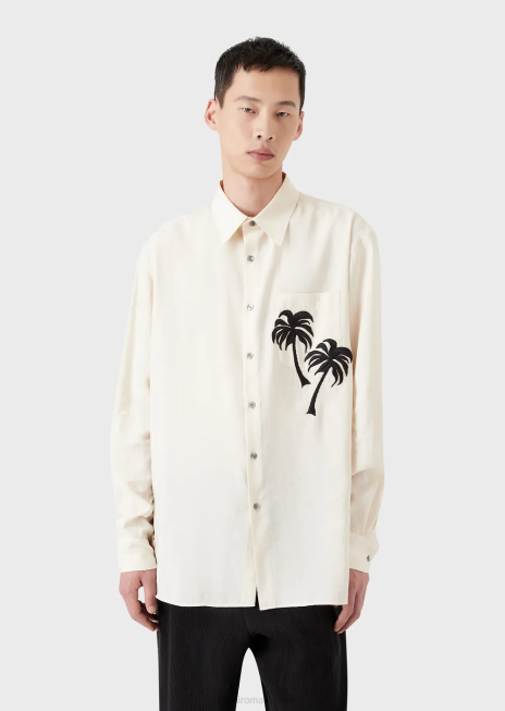 bărbați R802G1088 cămașă din modal cu finisaj neted, cu plasture de palmier Armani alb