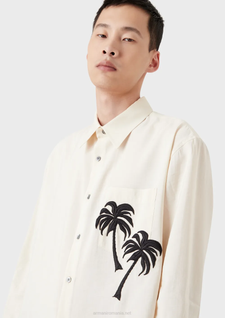 bărbați R802G1088 cămașă din modal cu finisaj neted, cu plasture de palmier Armani alb