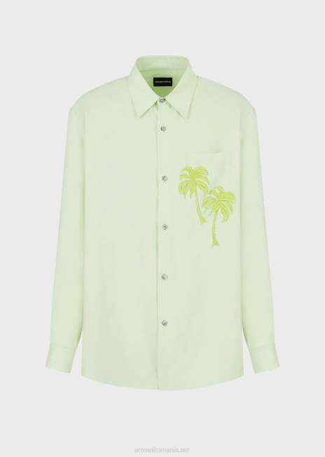 bărbați R802G1089 cămașă din modal cu finisaj neted, cu plasture de palmier Armani verde deschis