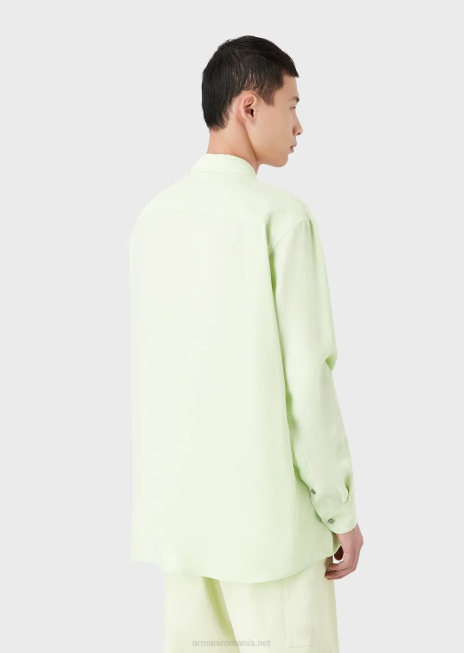 bărbați R802G1089 cămașă din modal cu finisaj neted, cu plasture de palmier Armani verde deschis
