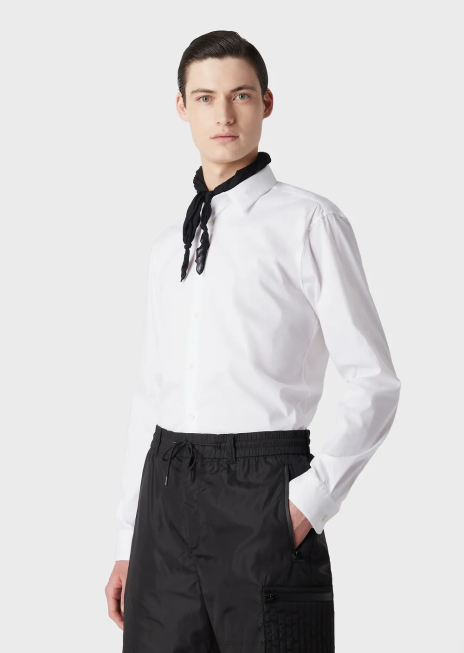 bărbați R802G1102 cămașă elastică din amestec de nailon cu vultur brodat Armani alb