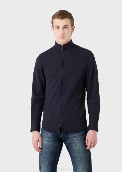 bărbați R802G1104 cămașă/jachetă cu guler nehru cu fermoar complet din jerseu tehnic stretch 3d Armani albastru marin
