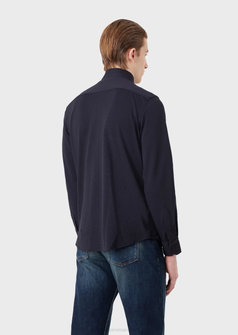 bărbați R802G1104 cămașă/jachetă cu guler nehru cu fermoar complet din jerseu tehnic stretch 3d Armani albastru marin