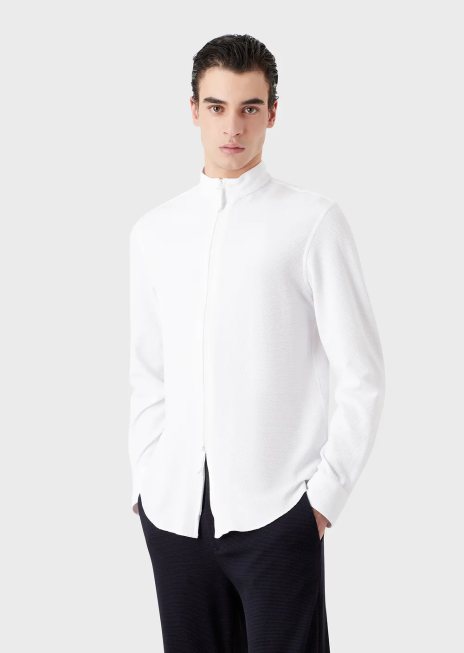 bărbați R802G1105 cămașă/jachetă cu guler nehru cu fermoar complet din jerseu tehnic stretch 3d Armani alb ca laptele