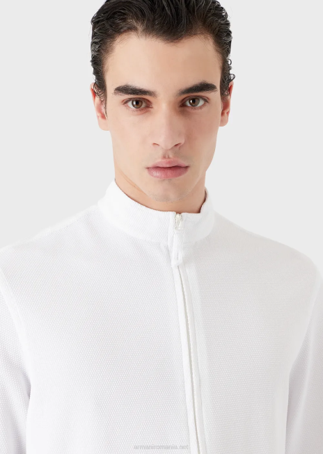bărbați R802G1105 cămașă/jachetă cu guler nehru cu fermoar complet din jerseu tehnic stretch 3d Armani alb ca laptele