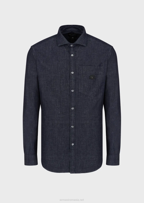 bărbați R802G1106 cămașă din denim cu buzunar și plasture micro vultur Armani albastru marin
