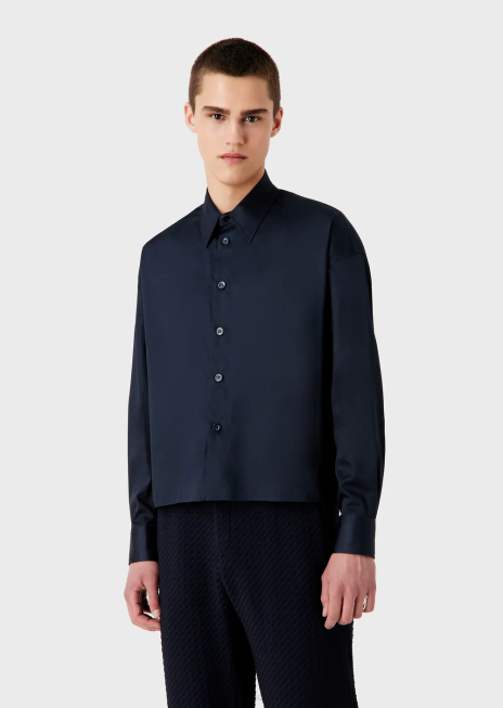bărbați R802G1110 cămașă cu tiv asimetric din satin ușor de bumbac Armani albastru marin