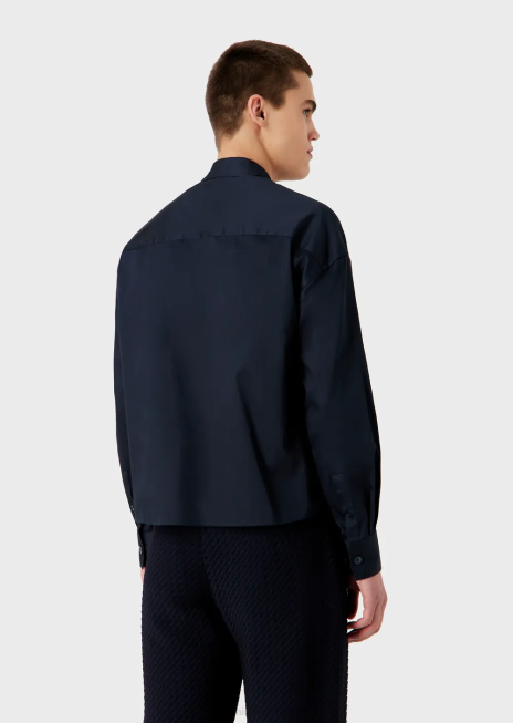 bărbați R802G1110 cămașă cu tiv asimetric din satin ușor de bumbac Armani albastru marin