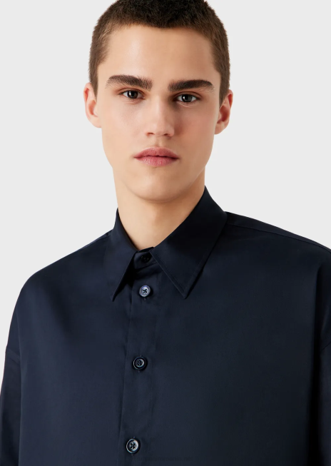 bărbați R802G1110 cămașă cu tiv asimetric din satin ușor de bumbac Armani albastru marin