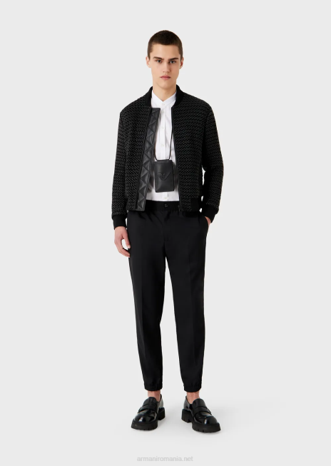 bărbați R802G1112 cămașă în jacquard cu model geometric vertical, cu guler guru Armani alb