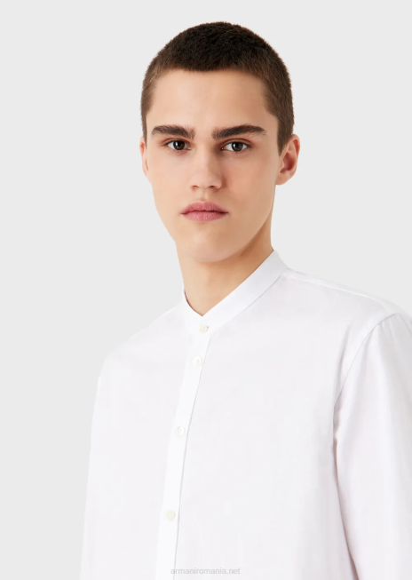 bărbați R802G1112 cămașă în jacquard cu model geometric vertical, cu guler guru Armani alb