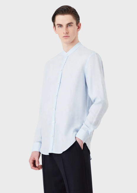 bărbați R802G1141 cămașă modern-fit, cambray de in, cu guler guru Armani azur