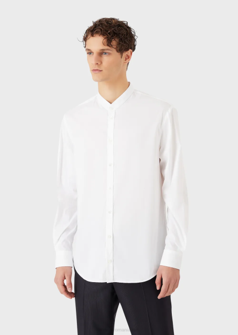 bărbați R802G1143 Cămașă modernă din satin elastic, cu guler guru Armani alb