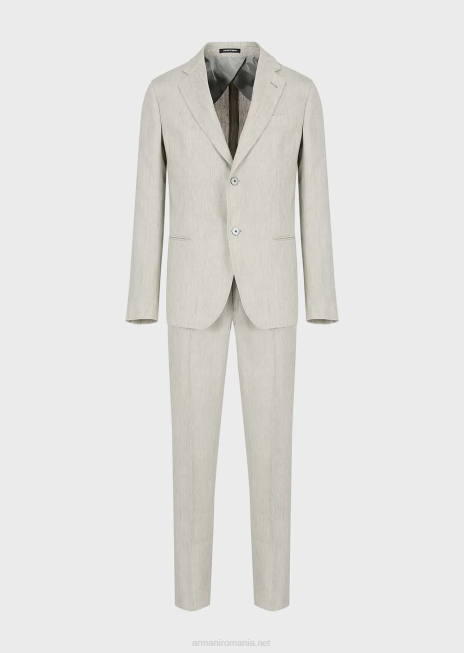 bărbați R802G1460 costum modern cu un singur piept din in decolorat rezistent la sifon Armani gri deschis